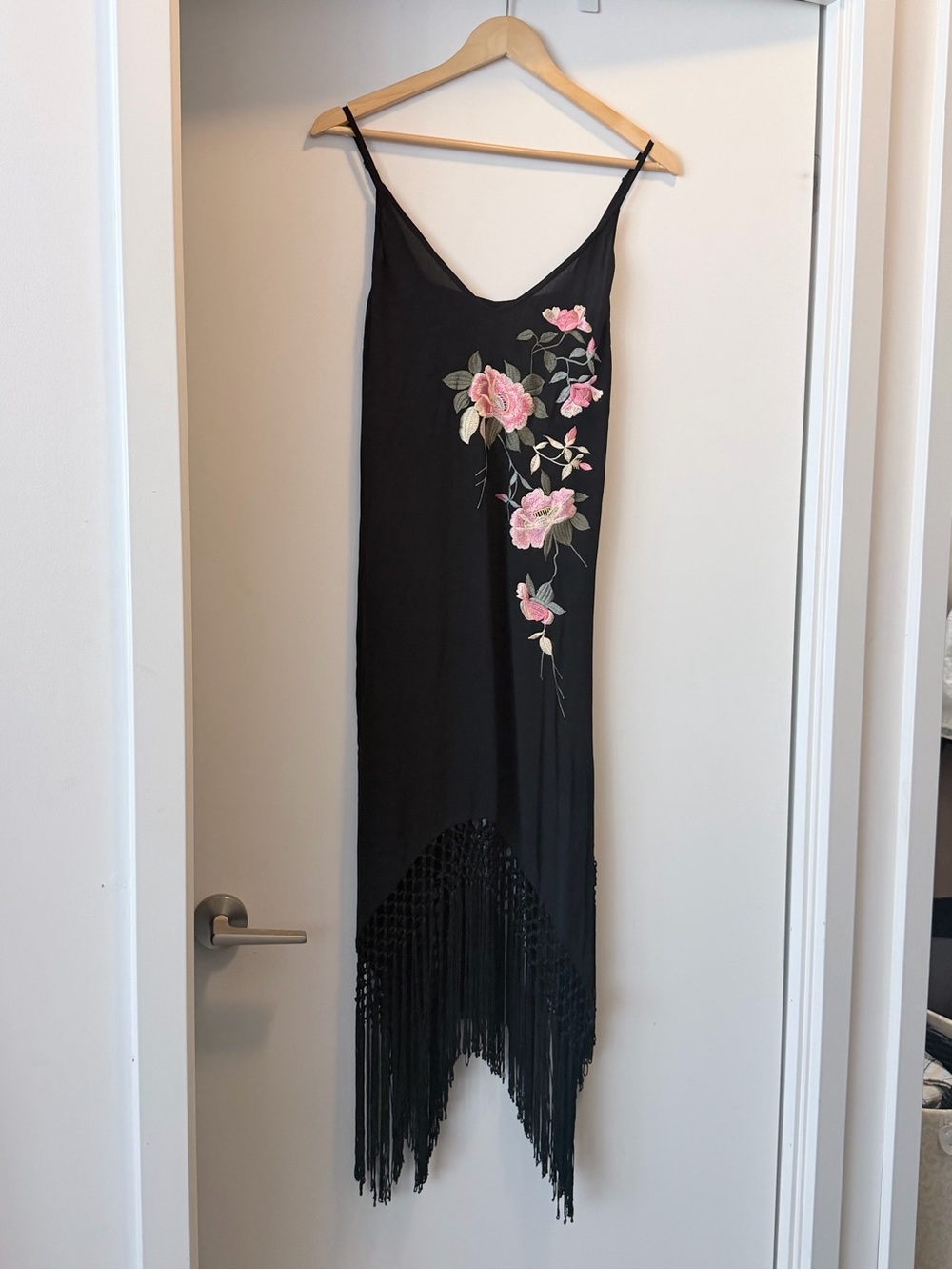 Topshop Black Slip Dress with Pink Floral Embroidery and Fringe